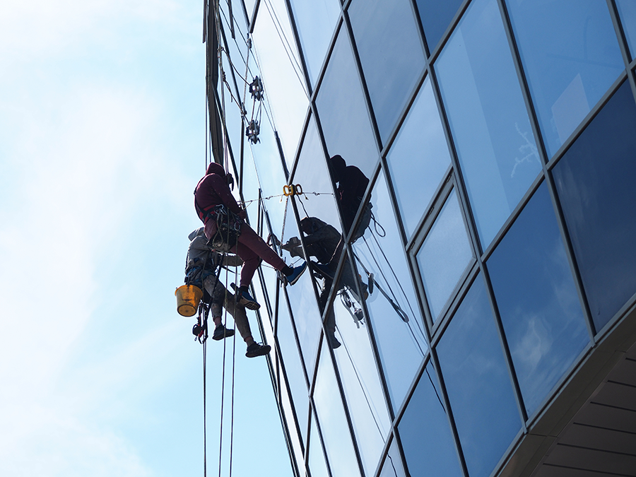 Mehrere Mitarbeiter reinigen Fenster in luftiger Höhe